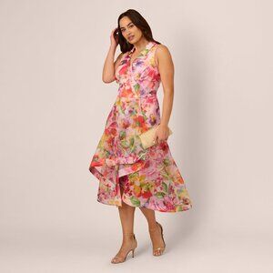 Adrianna Papell Plus Size Sleeveless Floral Organza Collared High Low Dress In P